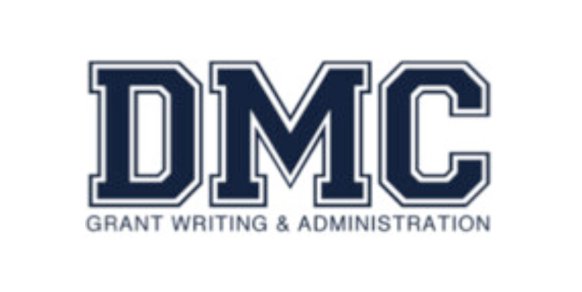 Dark blue text, all capitals "DMC grant writing and administration"