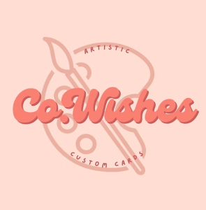 Sketch of artist palette and paintbrush in dark peach behind thick cursive stylized Co.Wishes lettering in peach.