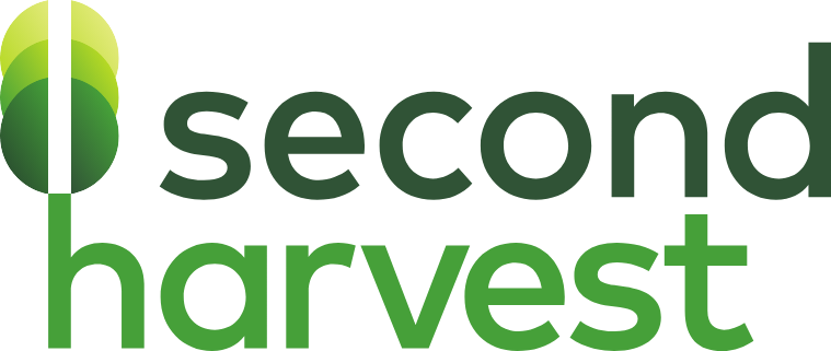 Second harvest logo with various green colours. h from harvest has several circles atop it to look like a tree.
